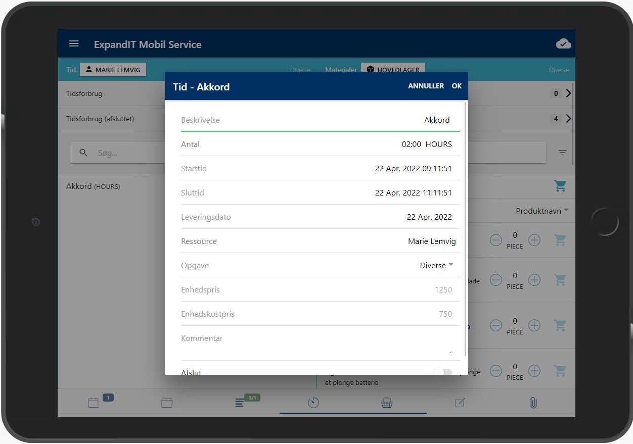 ExpandIT Mobilapp til tidsregistrering, materialeregistrering mm.